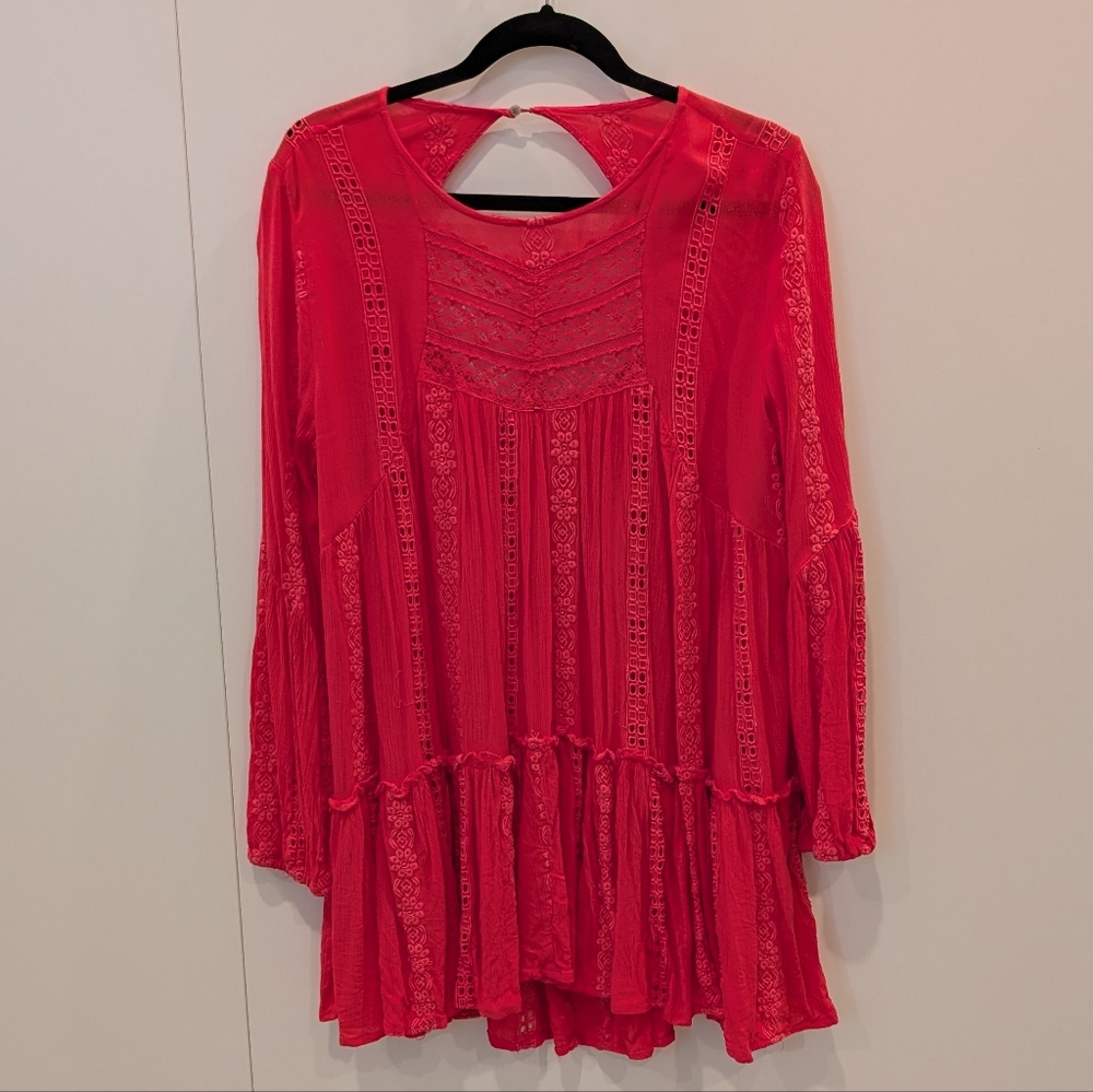 Free People Coral Lace-Inset Tunic Top